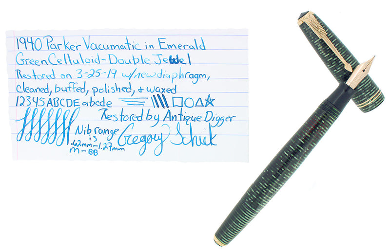 1940 PARKER EMERALD PEARL VACUMATIC DOUBLE JEWEL FOUNTAIN PEN M-BB NIB RESTORED OFFERED BY ANTIQUE DIGGER