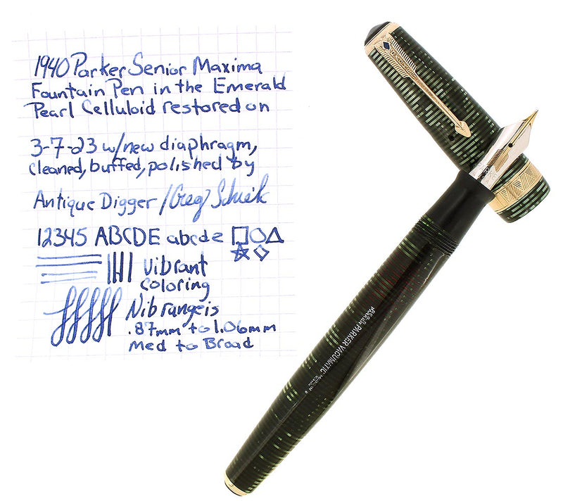 1940 PARKER SENIOR MAXIMA VACUMATIC EMERALD PEARL DOUBLE JEWEL FOUNTAIN PEN RESTORED OFFERED BY ANTIQUE DIGGER