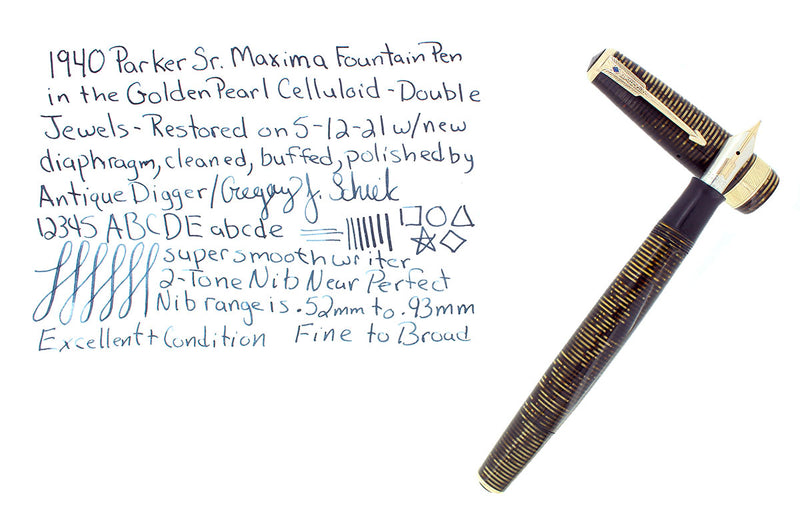 1940 PARKER GOLDEN PEARL SR MAXIMA VACUMATIC DOUBLE JEWEL FOUNTAIN PEN RESTORED OFFERED BY ANTIQUE DIGGER
