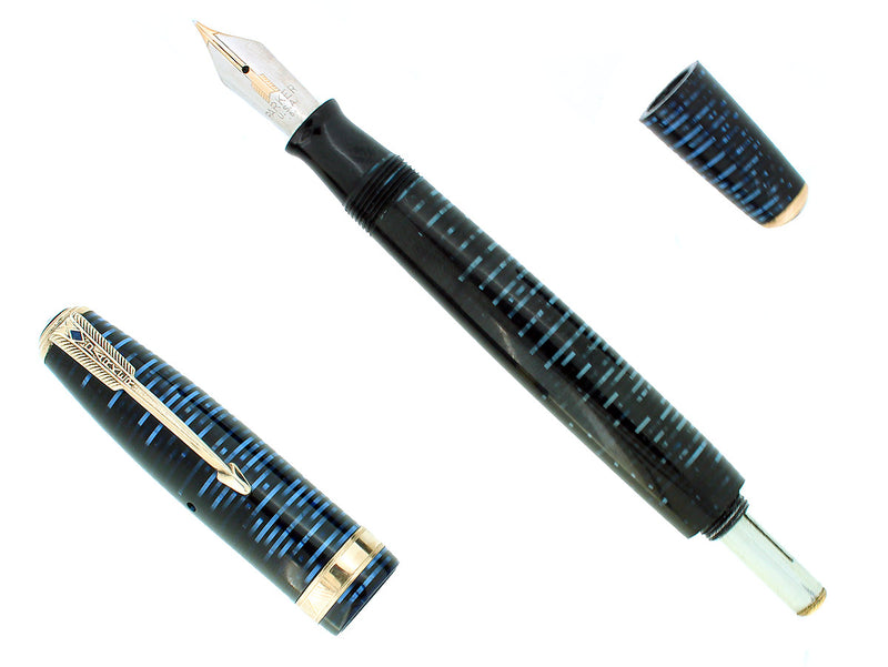 1940 PARKER VACUMATIC AZURE PEARL DOUBLE JEWEL FOUNTAIN PEN MAJOR SIZE RESTORED OFFERED BY ANTIQUE DIGGER