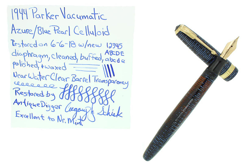 1944 PARKER AZURE PEARL VACUMATIC MAJOR FOUNTAIN PEN GORGEOUS COLOR RESTORED OFFERED BY ANTIQUE DIGGER