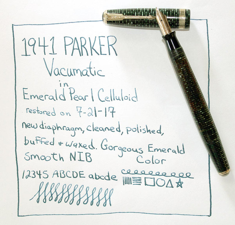 1941 PARKER VACUMATIC MAJOR EMERALD PEARL DOUBLE JEWELED FOUNTAIN PEN RESTORED OFFERED BY ANTIQUE DIGGER