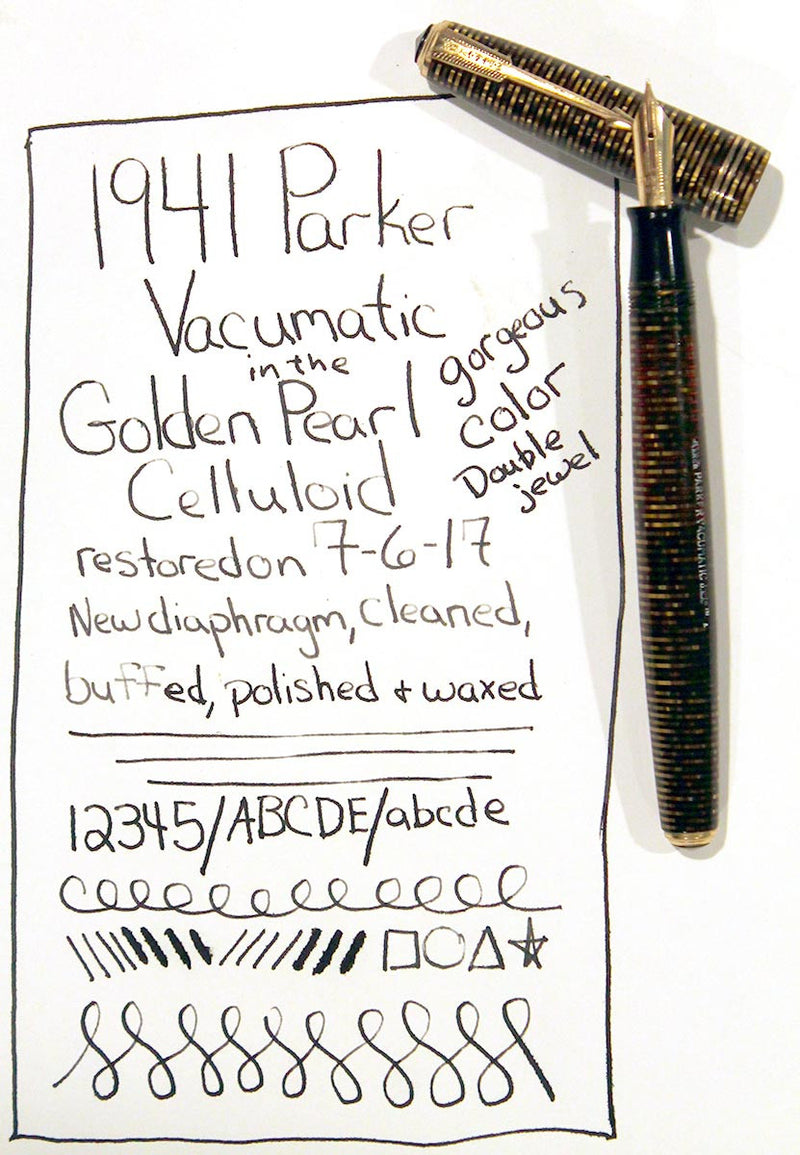 RESTORED 1941 PARKER VACUMATIC DOUBLE JEWEL GOLDEN PEARL CELLULOID FOUNTAIN PEN  OFFERED BY ANTIQUE DIGGER