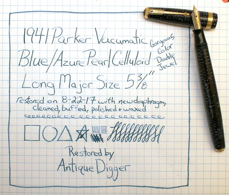 1941 PARKER AZURE PEARL DOUBLE JEWEL VACUMATIC FOUNTAIN PEN LONG MAJOR SIZE RESTORED OFFERED BY ANTIQUE DIGGER