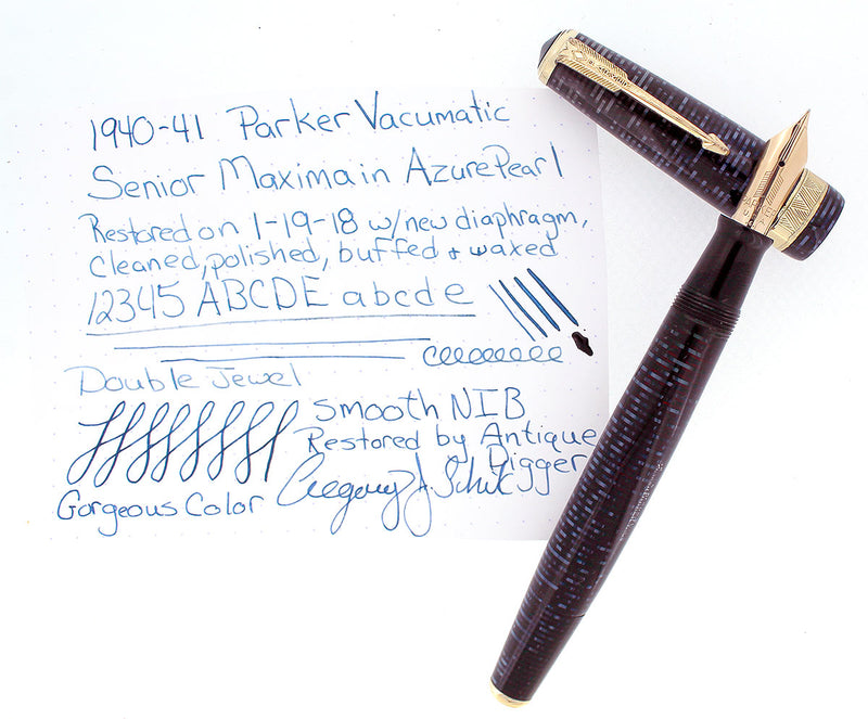 1940-41 PARKER VACUMATIC AZURE PEARL SENIOR MAXIMA DOUBLE JEWEL FOUNTAIN PEN RESTORED OFFERED BY ANTIQUE DIGGER