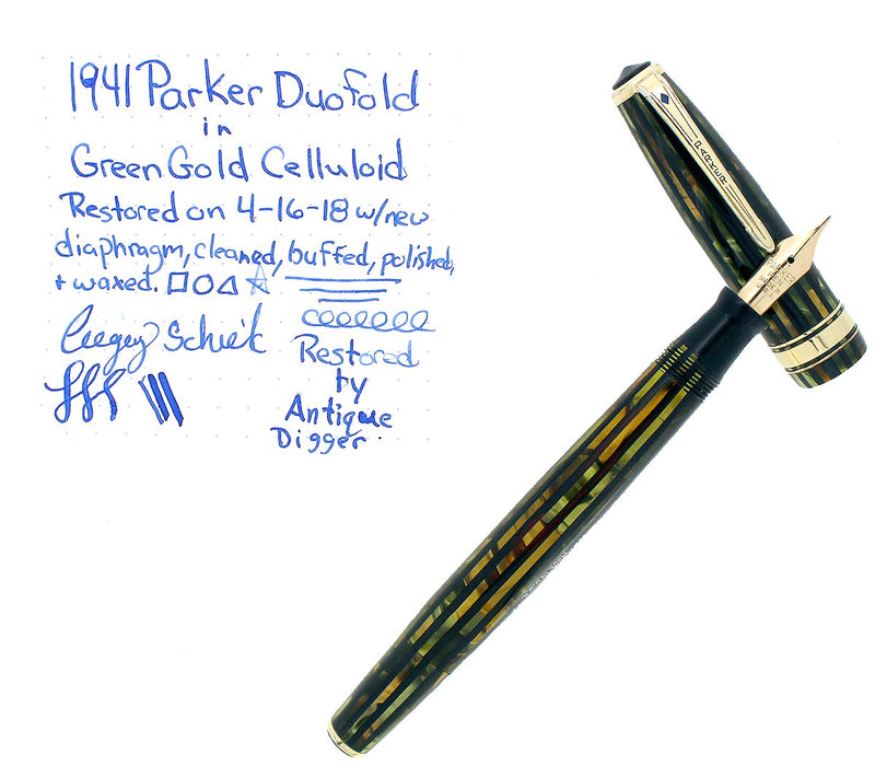 1941 PARKER STRIPED SENIOR DUOFOLD GREEN GOLD CELLULOID FOUNTAIN PEN RESTORED OFFERED BY ANTIQUE DIGGER