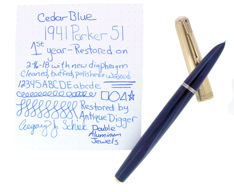 RESTORED 1941 PARKER 51 DOUBLE JEWEL FIRST YEAR CEDAR BLUE FOUNTAIN PEN  OFFERED BY ANTIQUE DIGGER