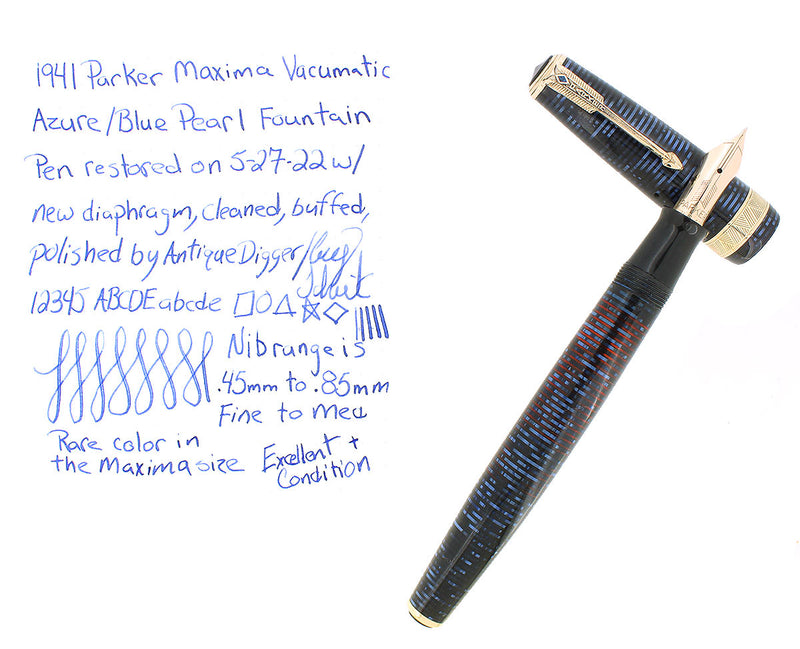 1941 PARKER SR. MAXIMA AZURE BLUE PEARL VACUMATIC DOUBLE JEWEL FOUNTAIN PEN RESTORED OFFERED BY ANTIQUE DIGGER