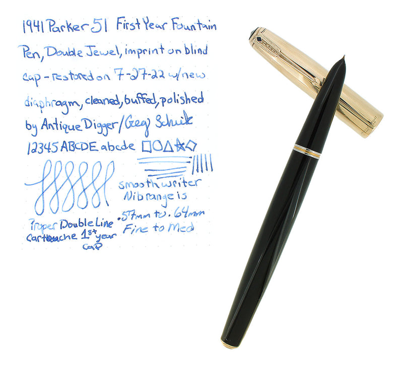 1941 PARKER 51 FIRST YEAR DOUBLE JEWEL GOLD CAP BLACK BARREL FOUNTAIN PEN RESTORED OFFERED BY ANTIQUE DIGGER