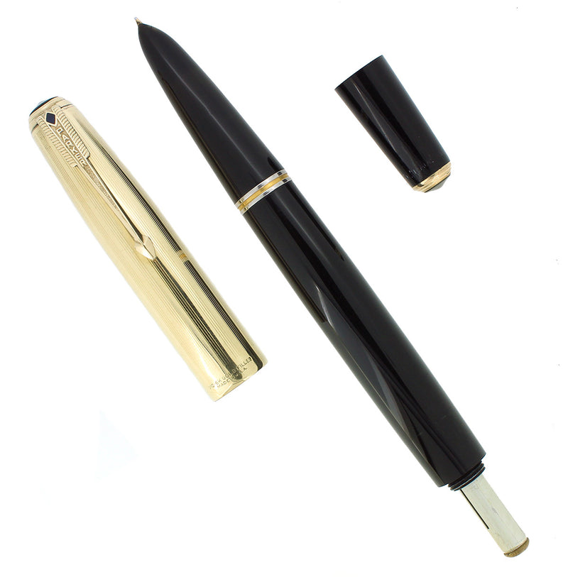 1941 PARKER 51 FIRST YEAR DOUBLE JEWEL GOLD CAP BLACK BARREL FOUNTAIN PEN RESTORED OFFERED BY ANTIQUE DIGGER