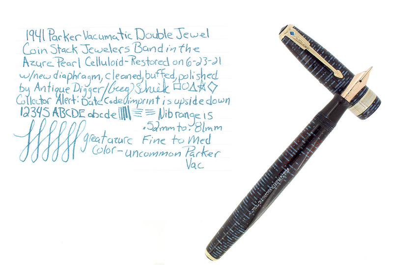 1941 PARKER AZURE VACUMATIC DOUBLE JEWEL JEWELERS CAP BAND FOUNTAIN PEN RESTORED OFFERED BY ANTIQUE DIGGER