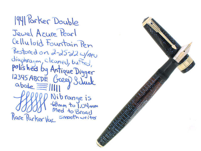 1941 PARKER SENIOR MAXIMA AZURE PEARL VACUMATIC DOUBLE JEWEL FOUNTAIN PEN RESTORED OFFERED BY ANTIQUE DIGGER