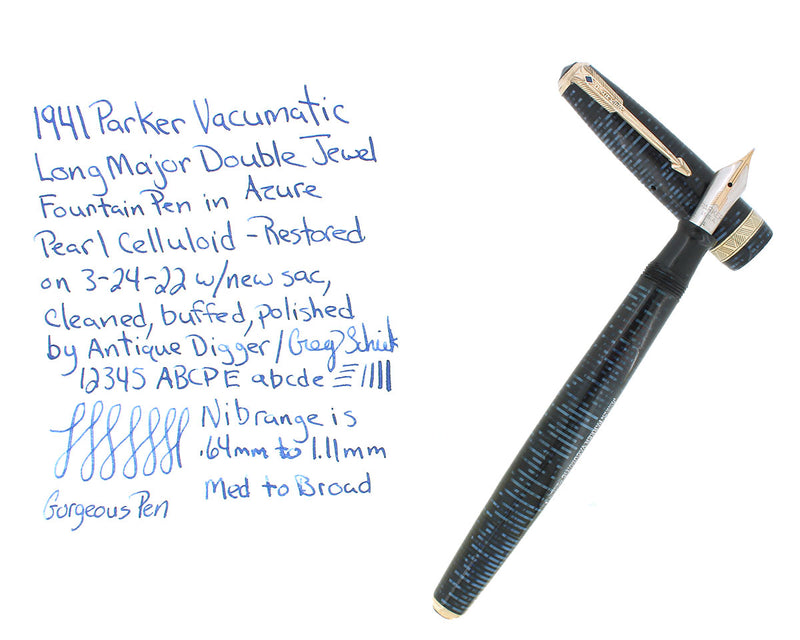 1941 PARKER VACUMATIC AZURE PEARL DOUBLE JEWEL LONG MAJOR FOUNTAIN PEN RESTORED OFFERED BY ANTIQUE DIGGER
