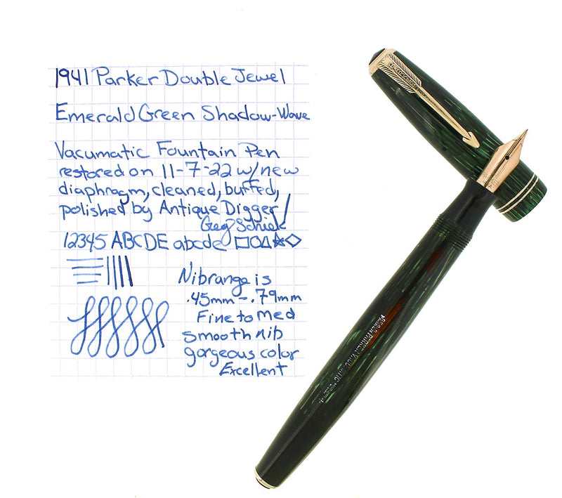 1941 PARKER EMERALD DOUBLE JEWEL VACUMATIC SHADOW WAVE FOUNTAIN PEN RESTORED OFFERED BY ANTIQUE DIGGER