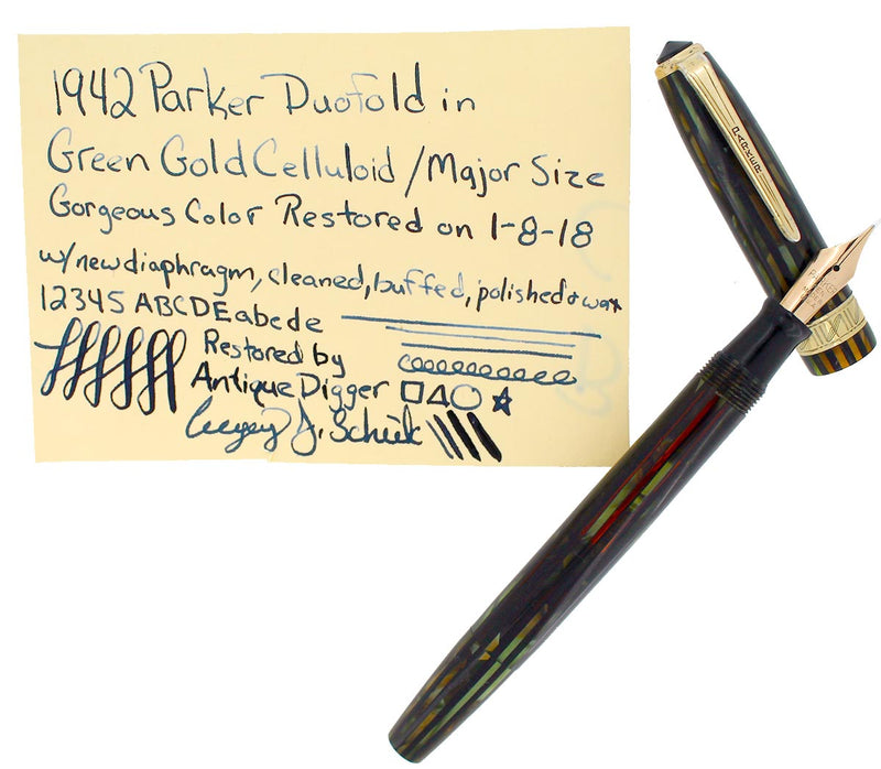 1942 PARKER DUOFOLD GREEN GOLD CELLULOID FOUNTAIN PEN MAJOR SIZE RESTORED OFFERED BY ANTIQUE DIGGER