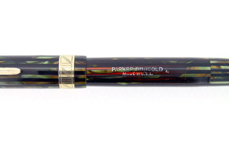 1942 PARKER DUOFOLD GREEN GOLD CELLULOID FOUNTAIN PEN MAJOR SIZE RESTORED OFFERED BY ANTIQUE DIGGER