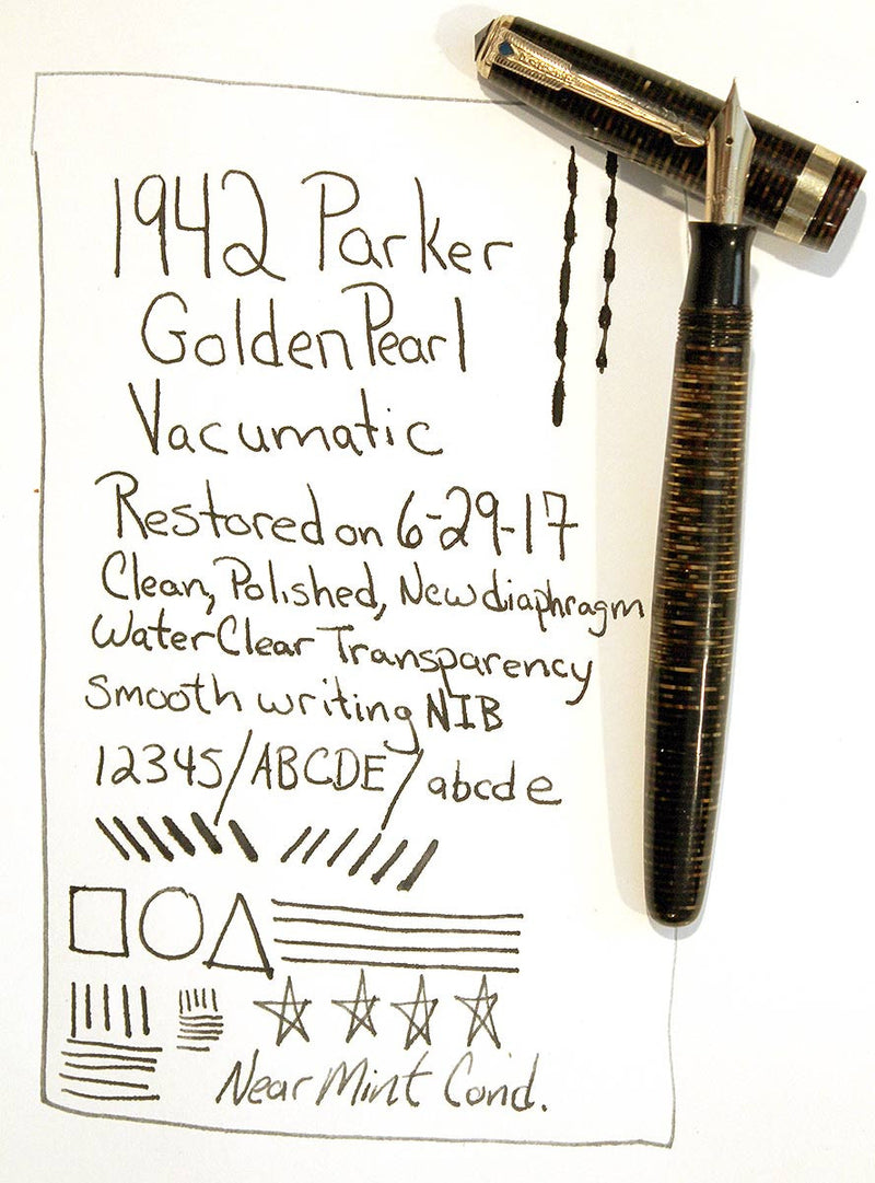 RESTORED 1942 PARKER GOLDEN PEARL VACUMATIC MAJOR FOUNTAIN PEN WITH F to BB FLEX NIB OFFERED BY ANTIQUE DIGGER