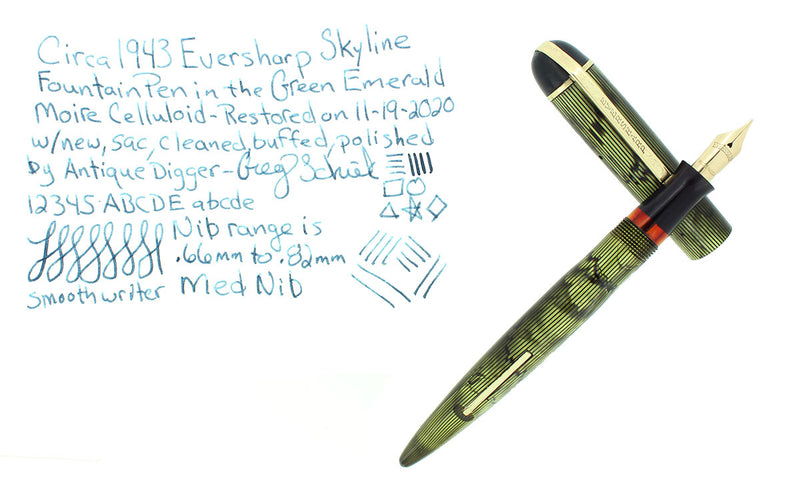 C1943 EVERSHARP SKYLINE GREEN EMERALD MOIRE CELLULOID FOUNTAIN PEN RESTORED OFFERED BY ANTIQUE DIGGER