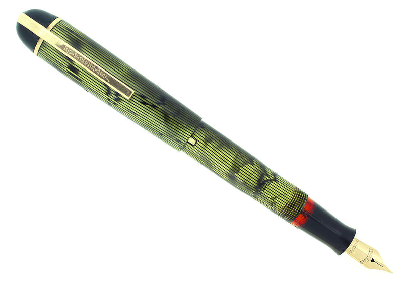 C1943 EVERSHARP SKYLINE GREEN EMERALD MOIRE CELLULOID FOUNTAIN PEN RESTORED OFFERED BY ANTIQUE DIGGER
