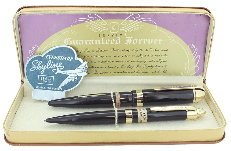 C1943 EVERSHARP SKYLINE BROWN FOUNTAIN PEN SET NOS MINT IN BOX STICKERED OFFERED BY ANTIQUE DIGGER