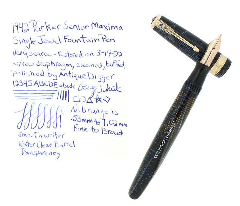 SCARCE 1942 PARKER SENIOR MAXIMA AZURE PEARL VACUMATIC SINGLE JEWEL FOUNTAIN PEN RESTORED OFFERED BY ANTIQUE DIGGER