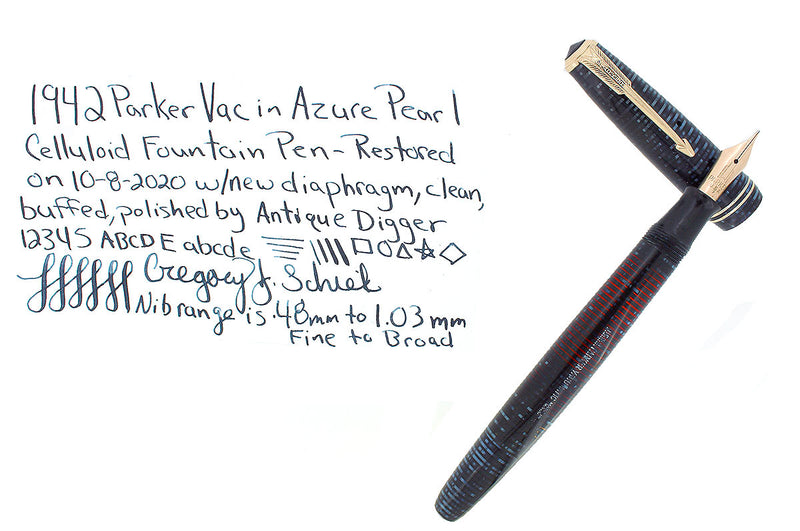 1942 PARKER AZURE PEARL VACUMATIC MED 14K NIB FOUNTAIN PEN RESTORED EXCELLENT OFFERED BY ANTIQUE DIGGER