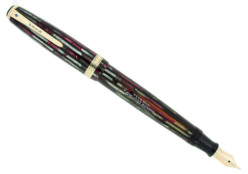 1942 PARKER STRIPED DUOFOLD SENIOR DUSTY ROSE BLUE DIAMOND FOUNTAIN PEN RESTORED OFFERED BY ANTIQUE DIGGER