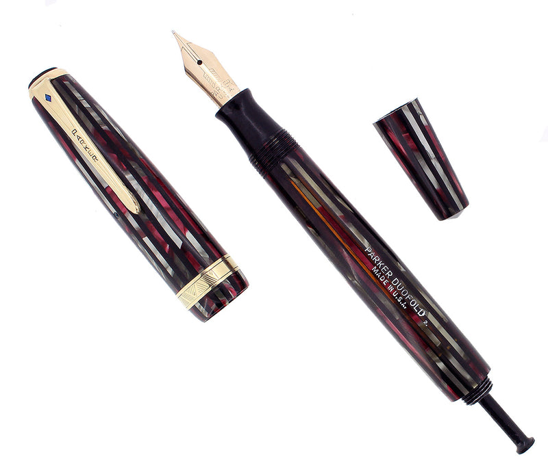 1942 PARKER STRIPED DUOFOLD SENIOR DUSTY ROSE BLUE DIAMOND FOUNTAIN PEN RESTORED OFFERED BY ANTIQUE DIGGER