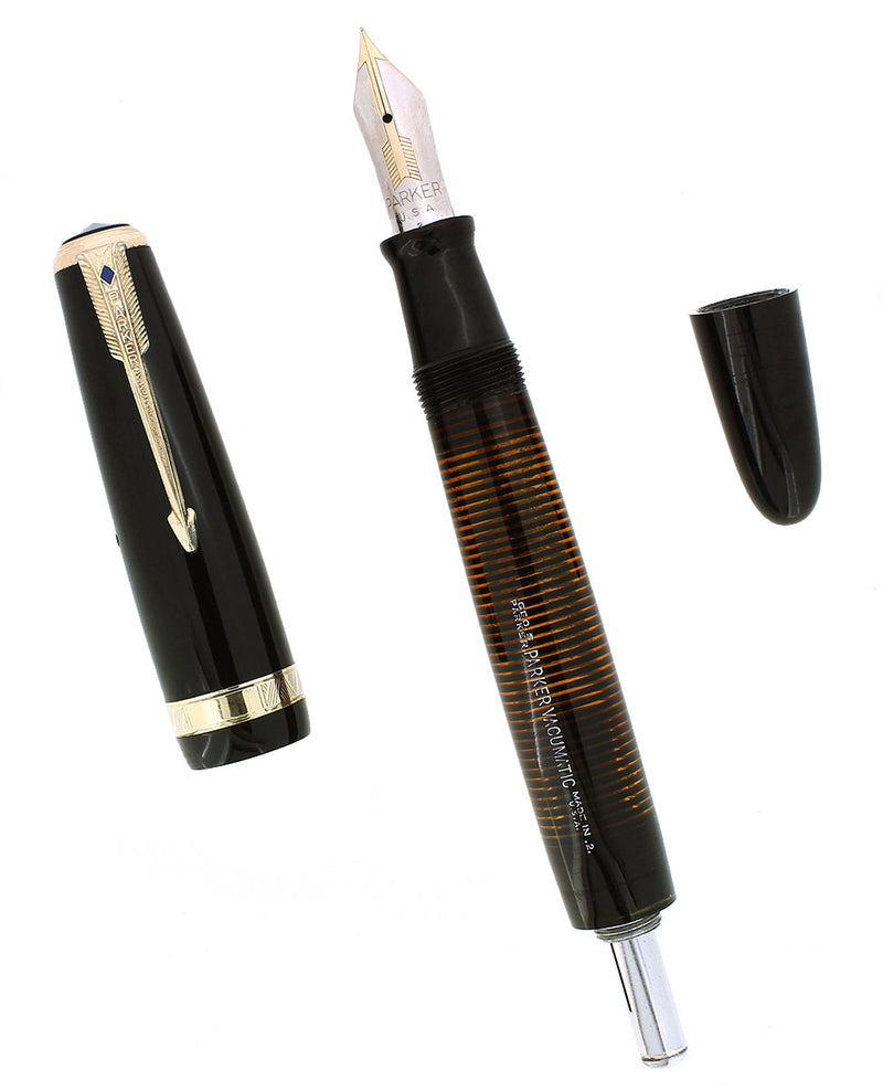1942 PARKER VACUMATIC SENIOR MAXIMA JET BLACK SINGLE JEWEL FOUNTAIN PEN RESTORED OFFERED BY ANTIQUE DIGGER