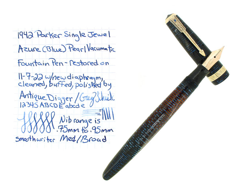 1942 PARKER AZURE PEARL VACUMATIC MAJOR SINGLE JEWEL FOUNTAIN PEN RESTORED OFFERED BY ANTIQUE DIGGER