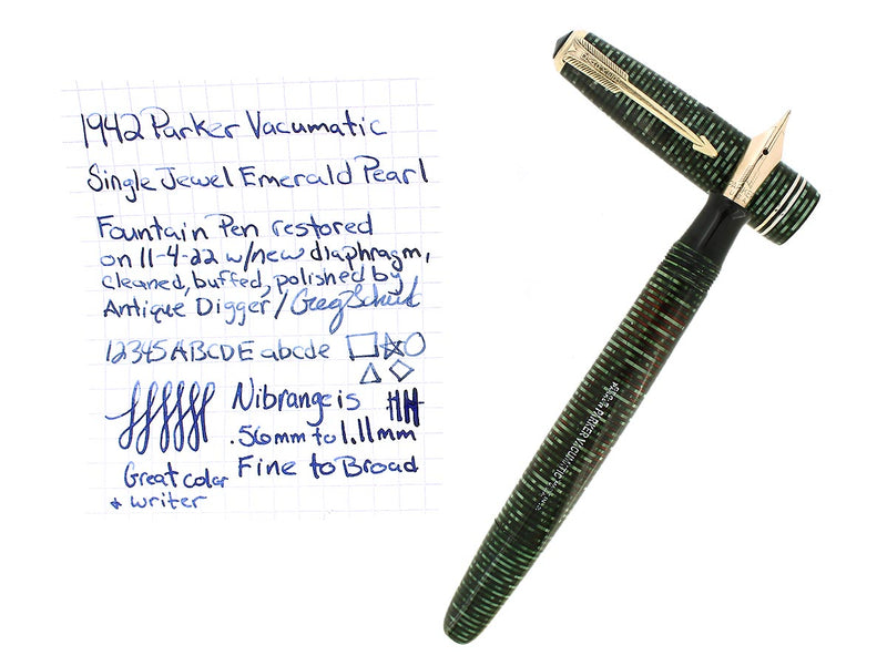 1942 PARKER VACUMATIC EMERALD PEARL SINGLE JEWEL FOUNTAIN PEN RESTORED OFFERED BY ANTIQUE DIGGER