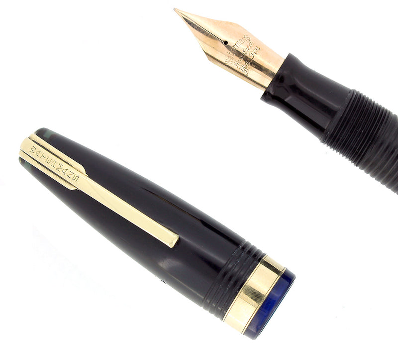 CIRCA 1942 WATERMAN 100 YEAR OVERSIZE BLUE RIBBED FOUNTAIN PEN F-BB SEMI-FLEX NIB RESTORED OFFERED BY ANTIQUE DIGGER
