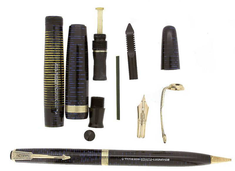 RESTORED 1943 PARKER AZURE PEARL VACUMATIC FOUNTAIN PEN SET IN ORIGINAL BOX OFFERED BY ANTIQUE DIGGER