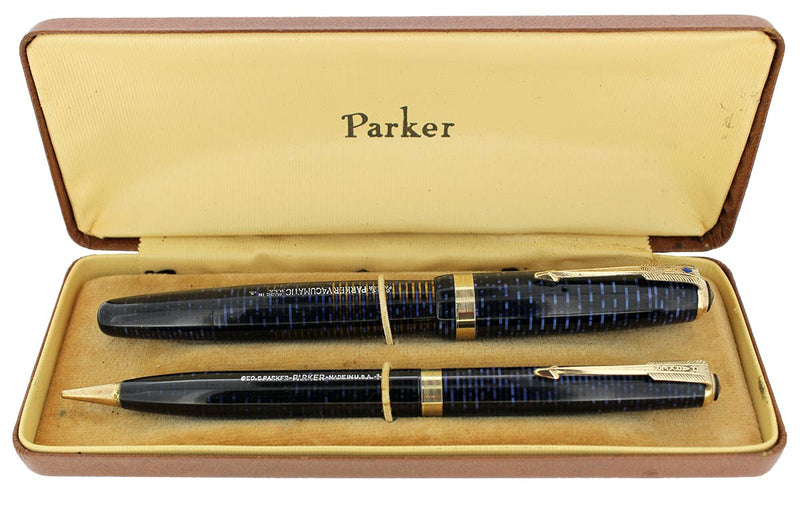 RESTORED 1943 PARKER AZURE PEARL VACUMATIC FOUNTAIN PEN SET IN ORIGINAL BOX OFFERED BY ANTIQUE DIGGER