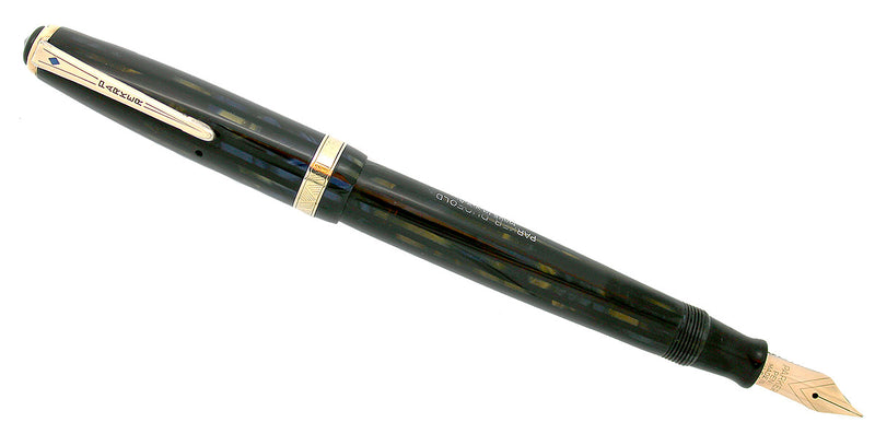 1943 PARKER STRIPED SENIOR DUOFOLD BLUE-GRAY FOUNTAIN PEN V NIB RESTORED OFFERED BY ANTIQUE DIGGER