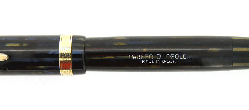 1943 PARKER STRIPED SENIOR DUOFOLD BLUE-GRAY FOUNTAIN PEN V NIB RESTORED OFFERED BY ANTIQUE DIGGER
