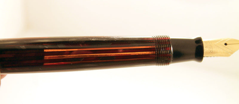 RESTORED 1943 PARKER DUOFOLD SENIOR DUSTY ROSE CELLULOID FOUNTAIN PEN V NIB OFFERED BY ANTIQUE DIGGER