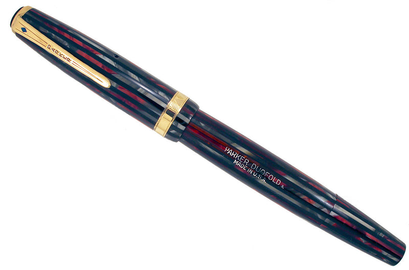 RESTORED 1943 PARKER DUOFOLD SENIOR DUSTY ROSE CELLULOID FOUNTAIN PEN V NIB OFFERED BY ANTIQUE DIGGER