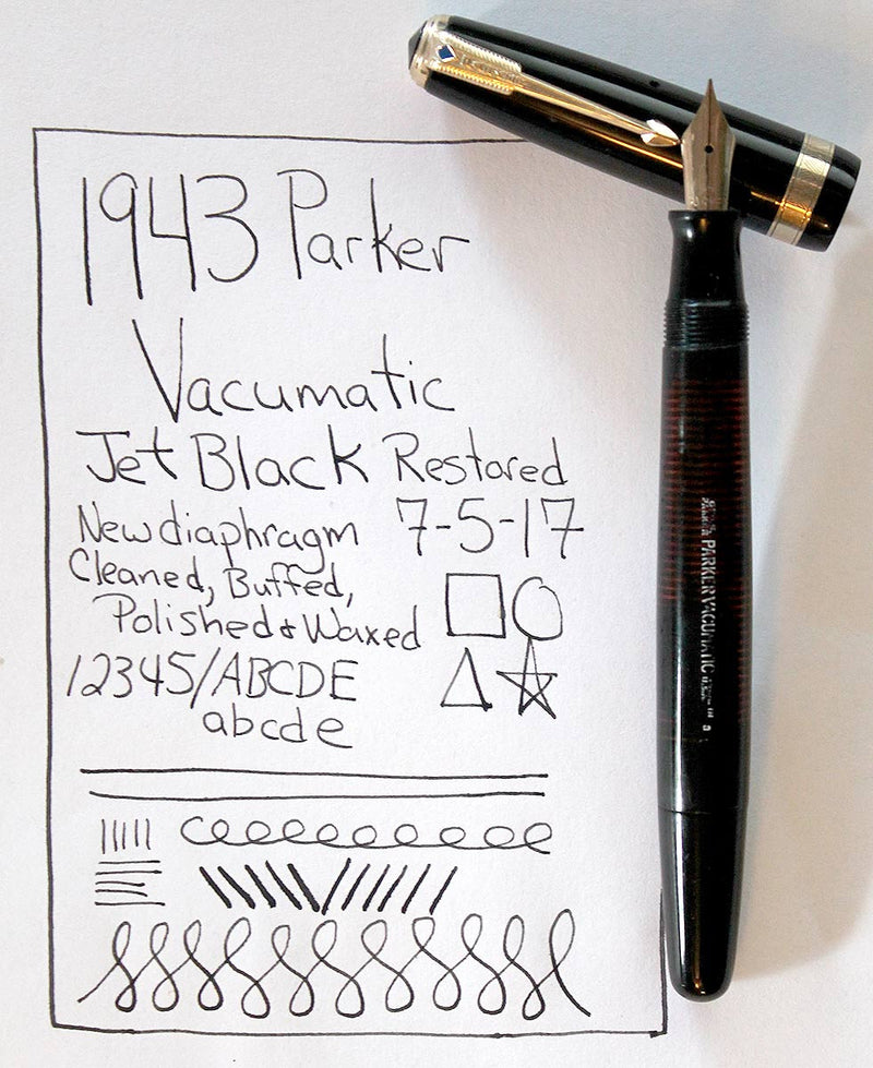 1943 PARKER VACUMATIC JET BLACK CELLULOID FOUNTAIN PEN WITH F to B NIB RESTORED OFFER BY ANTIQUE DIGGER