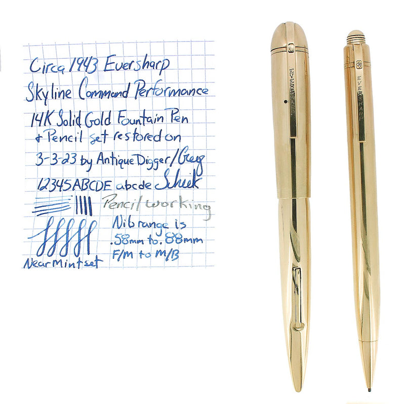 C1943 EVERSHARP COMMAND PERFORMANCE 14K GOLD SKYLINE FOUNTAIN PEN & PENCIL SET RESTORED OFFERED BY ANTIQUE DIGGER