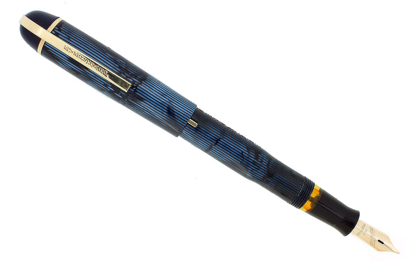CIRCA 1943 EVERSHARP SKYLINE BLUE MOIRE CELLULOID FOUNTAIN PEN RESTORED OFFERED BY ANTIQUE DIGGER