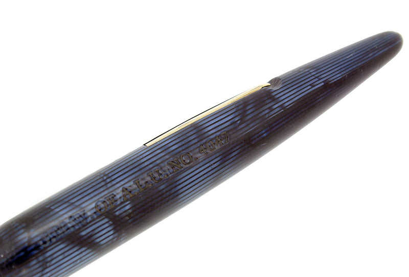 CIRCA 1943 EVERSHARP SKYLINE BLUE MOIRE CELLULOID FOUNTAIN PEN RESTORED OFFERED BY ANTIQUE DIGGER
