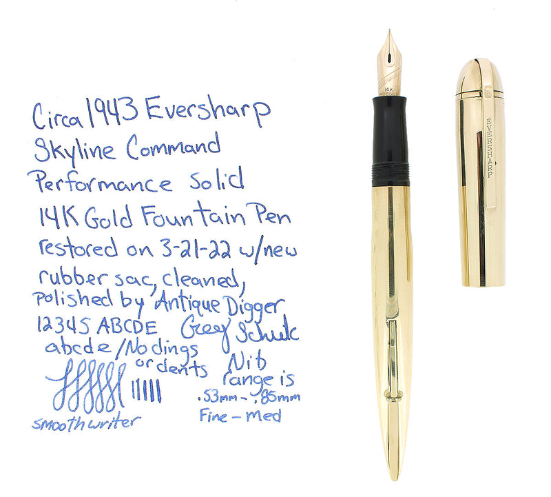 C1943 EVERSHARP COMMAND PERFORMANCE 14K GOLD SKYLINE FOUNTAIN PEN RESTORED OFFERED BY ANTIQUE DIGGER
