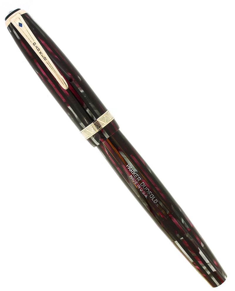 1943 PARKER SENIOR DUSTY ROSE STRIPED DUOFOLD BLUE DIAMOND FOUNTAIN PEN RESTORED OFFERED BY ANTIQUE DIGGER