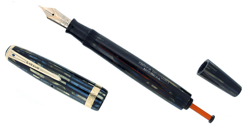 1943 PARKER SENIOR DUOFOLD STRIPED BLUE GRAY CELLULOID FOUNTAIN PEN RESTORED OFFERED BY ANTIQUE DIGGER