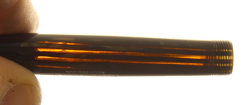 1943 PARKER SENIOR DUOFOLD STRIPED BLUE GRAY CELLULOID FOUNTAIN PEN RESTORED OFFERED BY ANTIQUE DIGGER