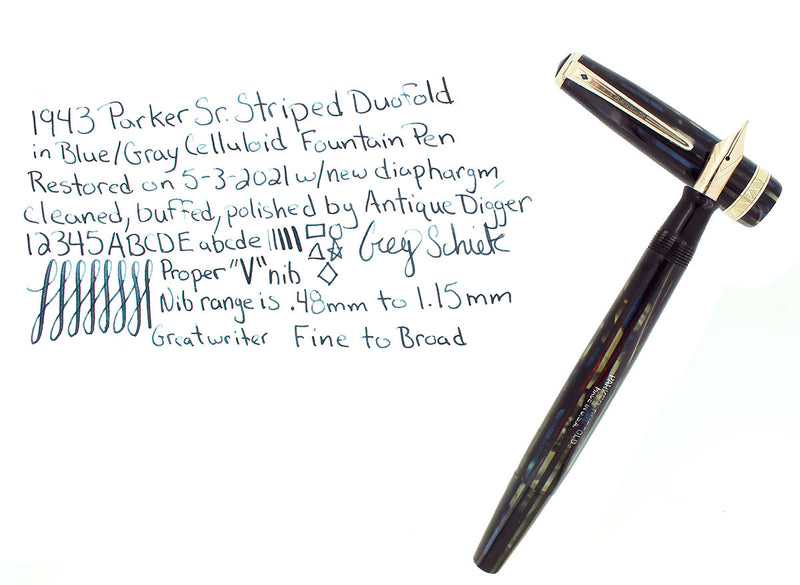 1943 PARKER STRIPED DUOFOLD SENIOR BLUE GRAY BLUE DIAMOND FOUNTAIN PEN RESTORED OFFERED BY ANTIQUE DIGGER