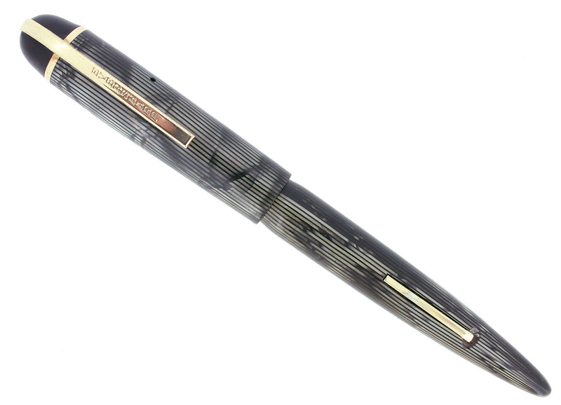 C1943 EVERSHARP SKYLINE GRAY MOIRE CELLULOID FOUNTAIN PEN RESTORED SMOOTH NIB OFFERED BY ANTIQUE DIGGER