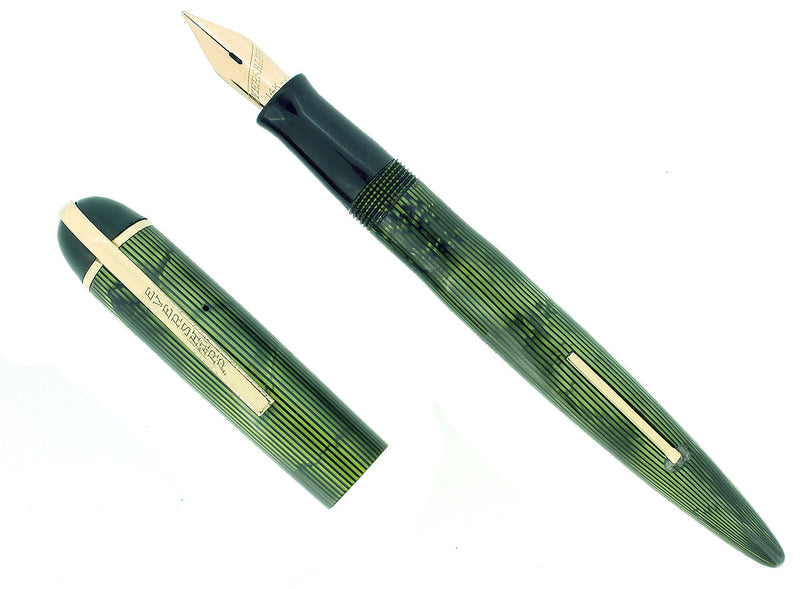 C1943 EVERSHARP SKYLINE EMERALD GREEN MOIRE CELLULOID FOUNTAIN PEN RESTORED SMOOTH NIB OFFERED BY ANTIQUE DIGGER