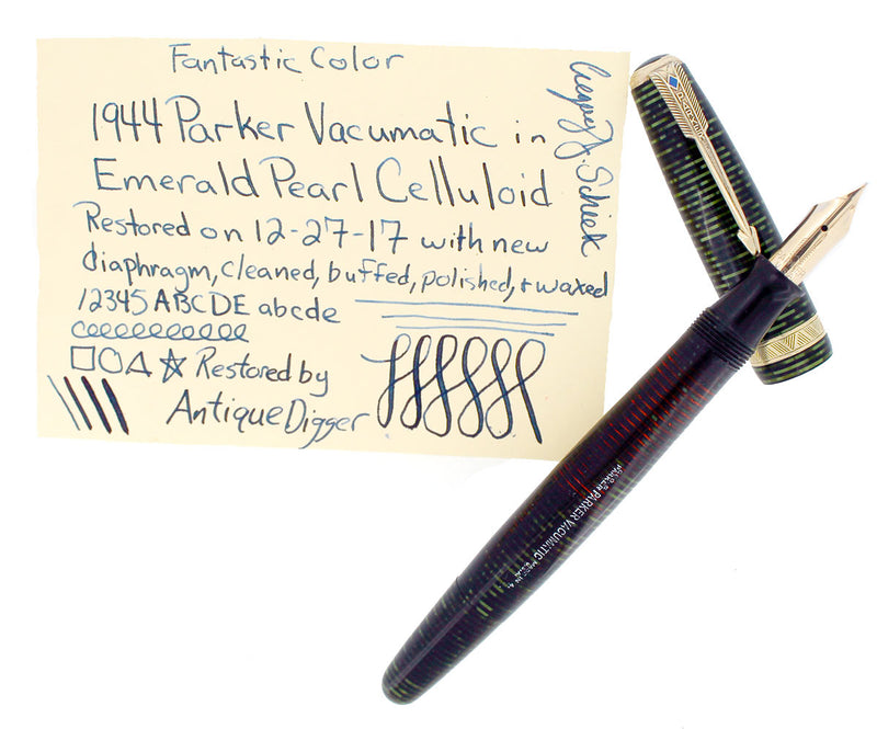 RESTORED 1944 PARKER EMERALD PEARL SINGLE JEWEL VACUMATIC FOUNTAIN PEN OFFERED BY ANTIQUE DIGGER